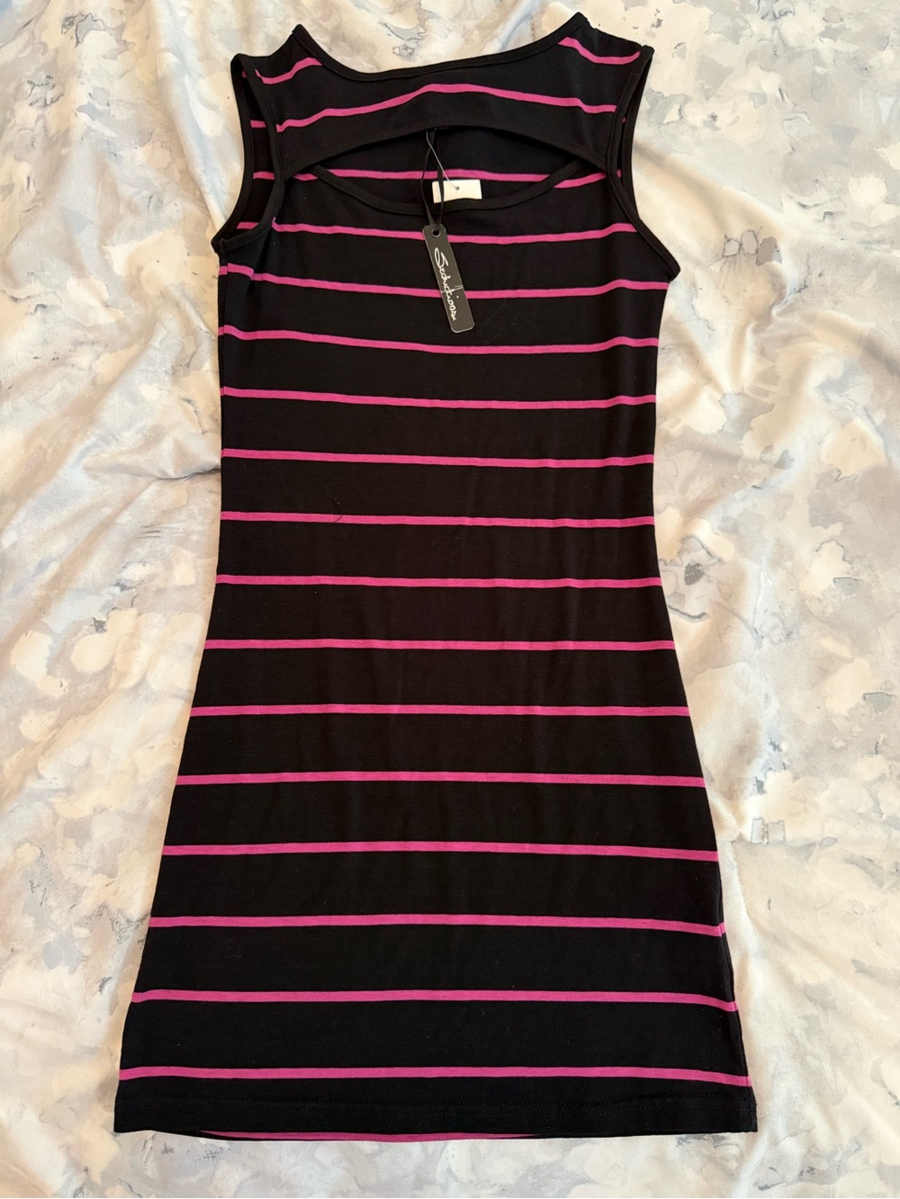 Seductions Sleeveless Black Dress with Pink Stripes and Front Cut Out - XS